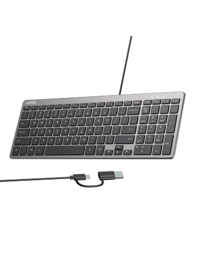 يوني تيك SlimTap Ultra Light 99-Key Wired Keyboard – Silent Scissor Keys, USB-C/A, Ergonomic Top-Raising Design (English/Arabic) - Image 4